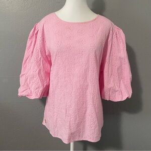 Simply Southern pink eyelet lace elbow length puff sleeve top blouse shirt Large